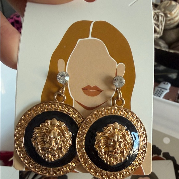 Jewelry - Gold and Black Lion Medallion Earrings